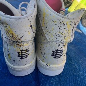 adidas Mens High-Top Sneakers in White with Yellow and Black Splatter